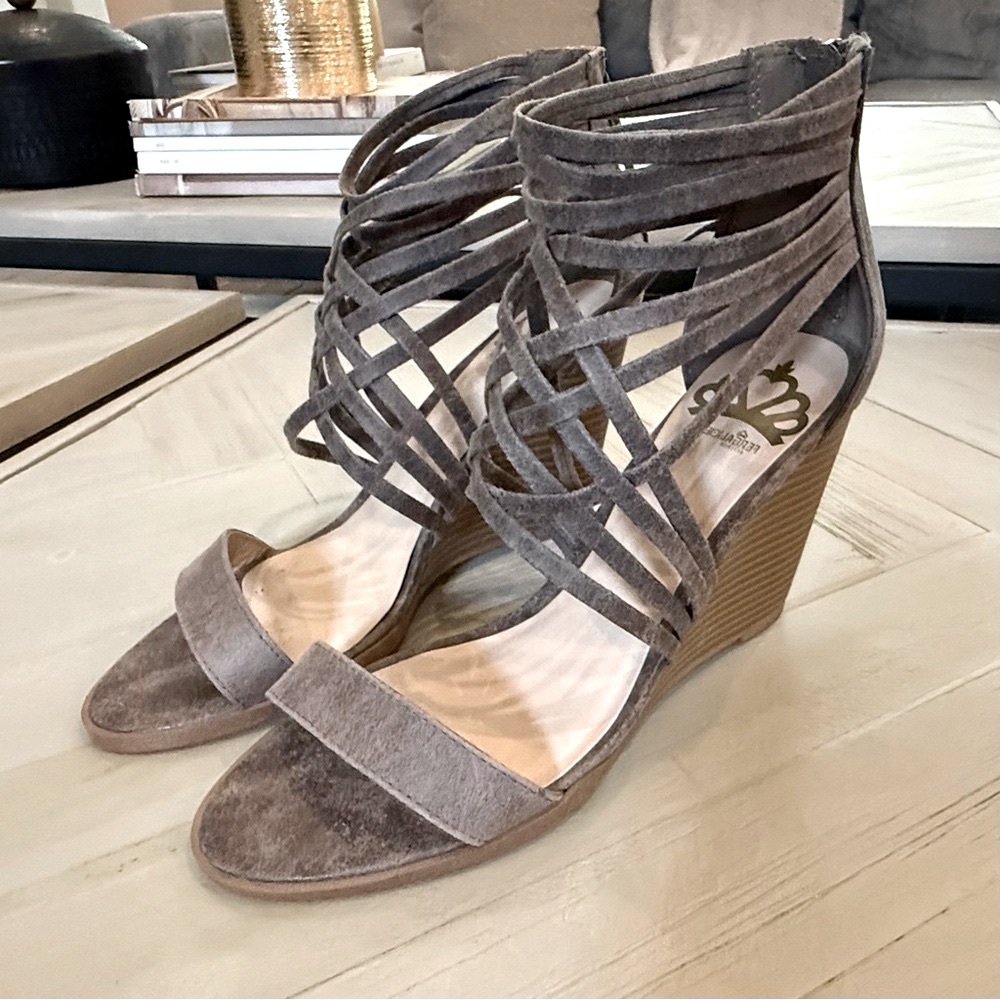Fergalicious Taupe Strappy Wedge Sandals. Size 8.5